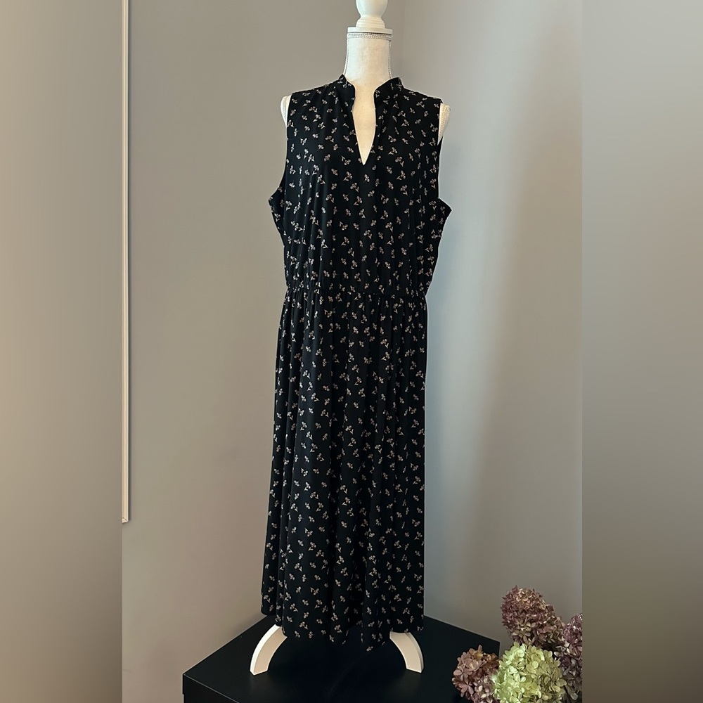 WOMENS ANNE KLEIN SIZE 2X BLACK & PINK FLORAL MIDI SLEEVELESS V NECK DRESS
